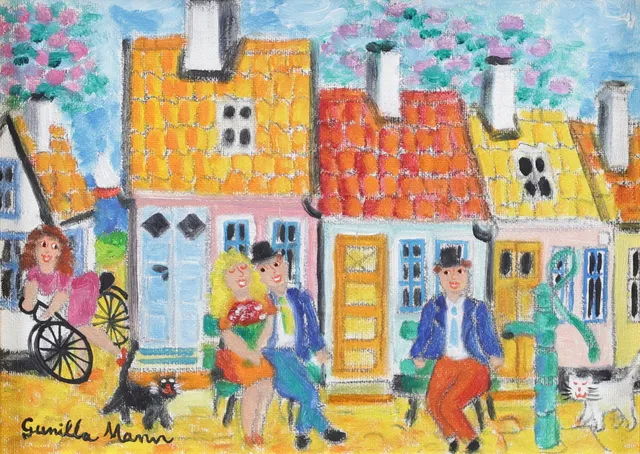 GUNILLA MANN. Simrishamn, Norregatan, olja på duk, signerad.