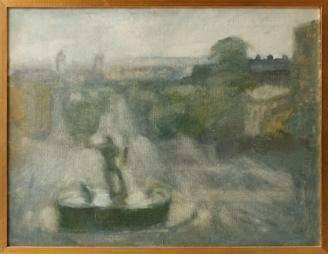 ARNE MALMBORG. "Gråväder, Götaplatsen", olja på duk, signerad.