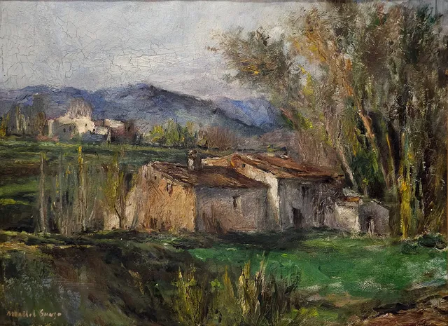 JOSEP MARIA MALLOL SUAZO. PAISAJE CON CASAS. ÓLEO SOBRE LIENZO.