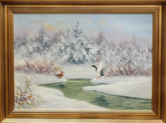 HENNING HOUGAARD. Olja på duk, Fåglar i snölandskap, signerad.
