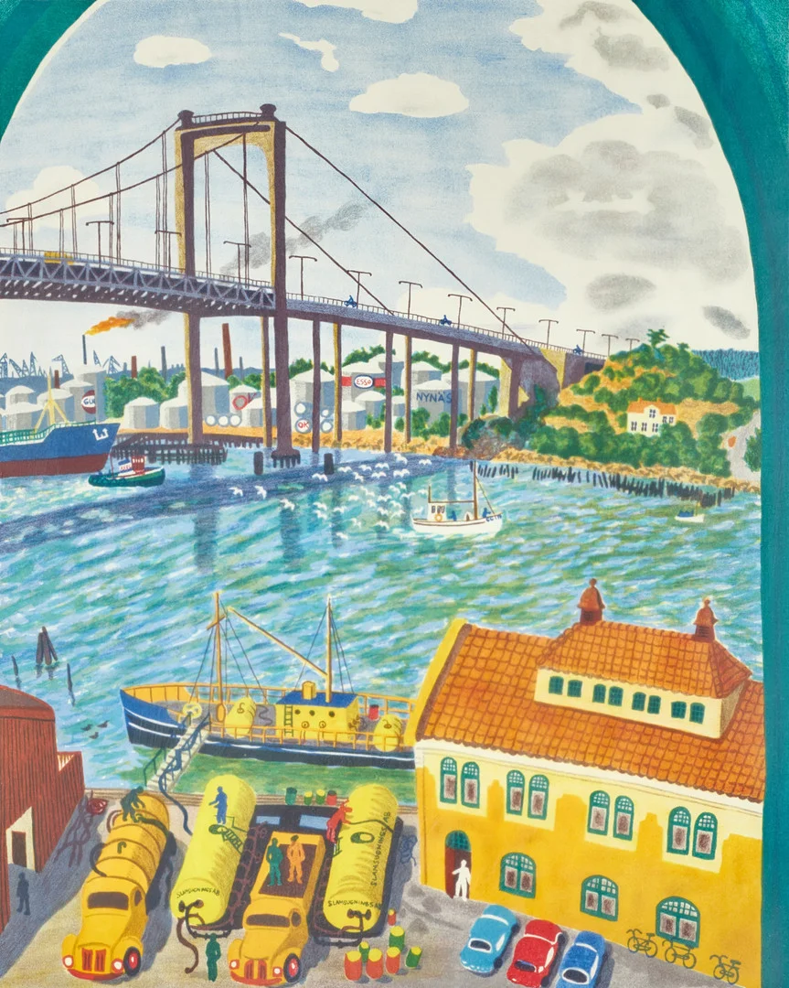 MONA HUSS WALIN (SVERIGE, FÖDD 1944). Älvsborgsbron, Göteborg, signerad och daterad -77, numrerad 208/460, färglitografi. — Engravings & Prints — Crafoord Auktioner Stockholm