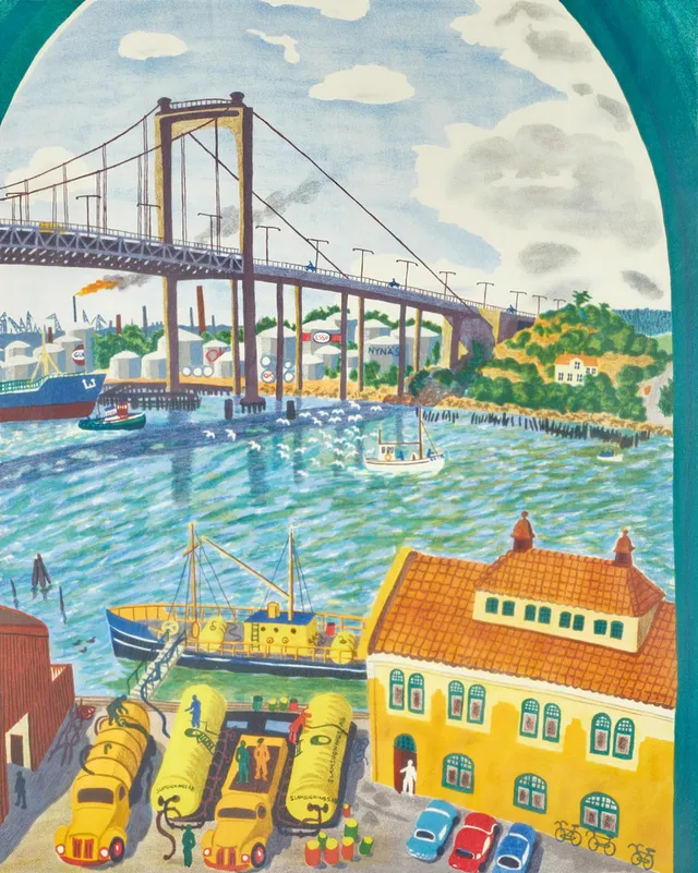 MONA HUSS WALIN (SVERIGE, FÖDD 1944). Älvsborgsbron, Göteborg, signerad och daterad -77, numrerad 208/460, färglitografi.