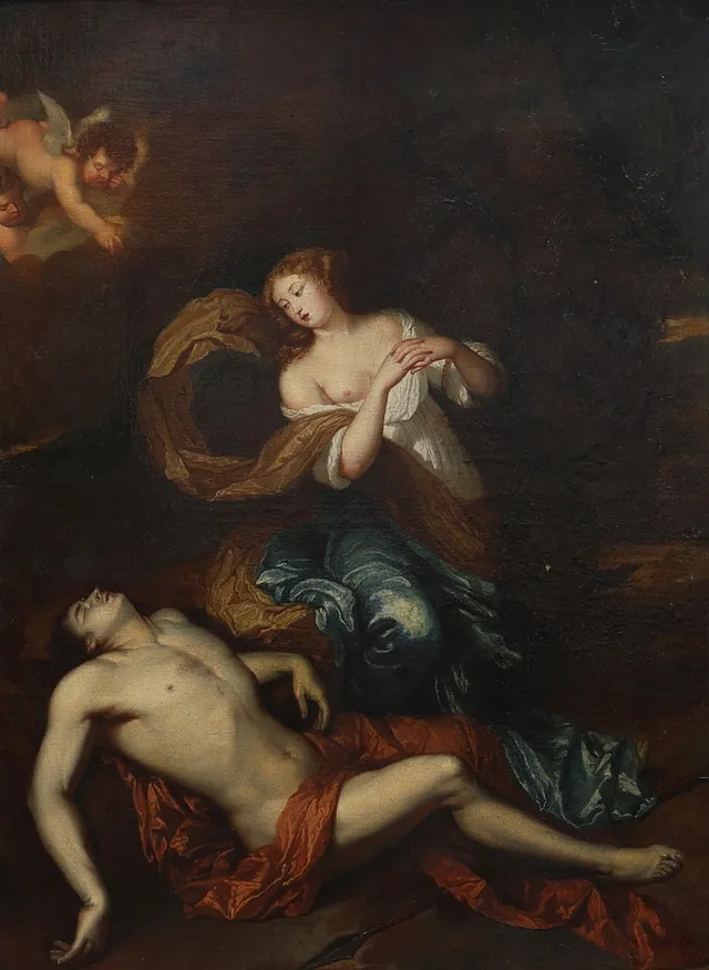 OIDENTIFIERAD KONSTNÄR. olja på duk, motiv av Venus och Adonis, otydlig signatur, 17/1800-tal.
