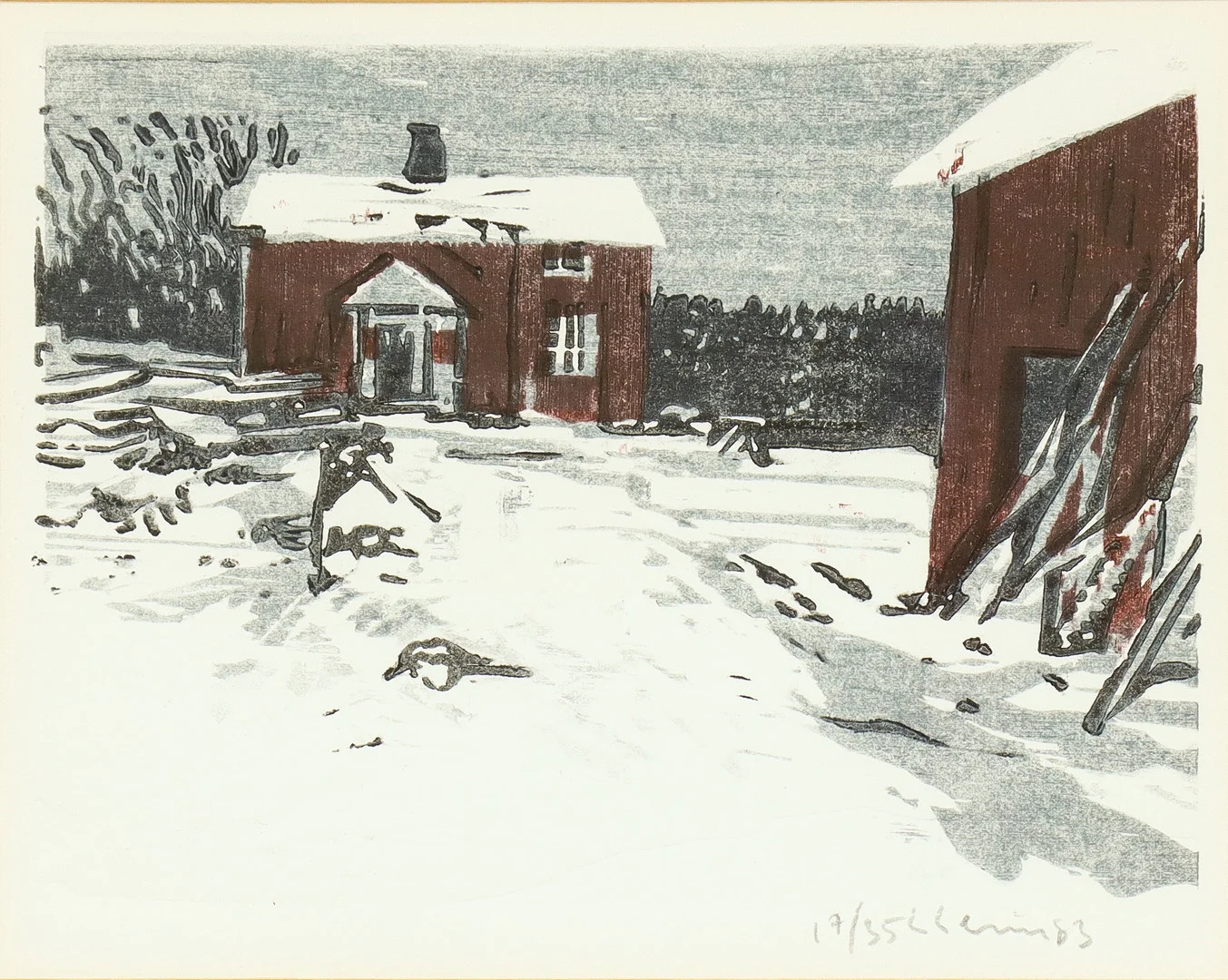LARS LERIN. Vinterlandskap med hus, träsnitt 19/35, signerad och daterad 1983. — Engravings & Prints — Karlstad Hammarö Auktionsverk