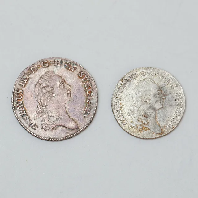 MYNT, 2 st, 1/3 riksdaler & 1/6 riksdaler, Gustav III, 1778.