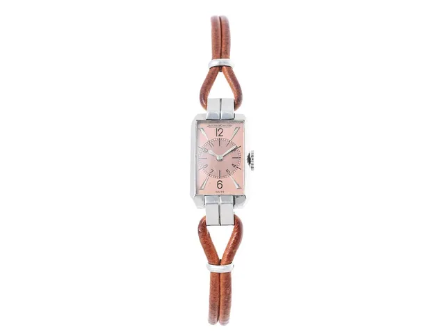 JAEGER-LE COULTRE, UniPlan, Serie nr. 23642, damur, 14 x 23 (32) mm, stål (staybrite), manuell, plexiglas, skadad urtavla, formverk, integrerat läderband, längd 150 mm, ca 1942.