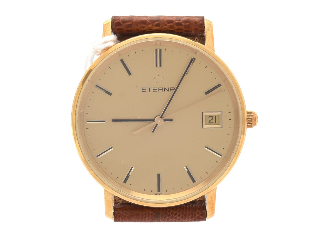 Eterna 18K i boett med läderarmband, quarts datum Ø35mm, snr 410068, (behöver byta batteri) — Klockor/Eterna — Kaplans