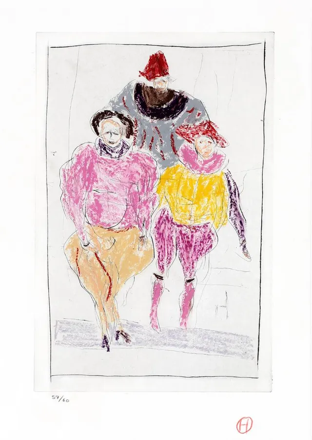 Untitled. Signed with monogram, 57/60. Handcoloured etching. Visible size 37×26 cm.