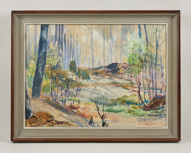 LENNART SEGERSTRÅLE. Ljus i skogen, signerad med dedikation samt daterad 1947, akvarell.