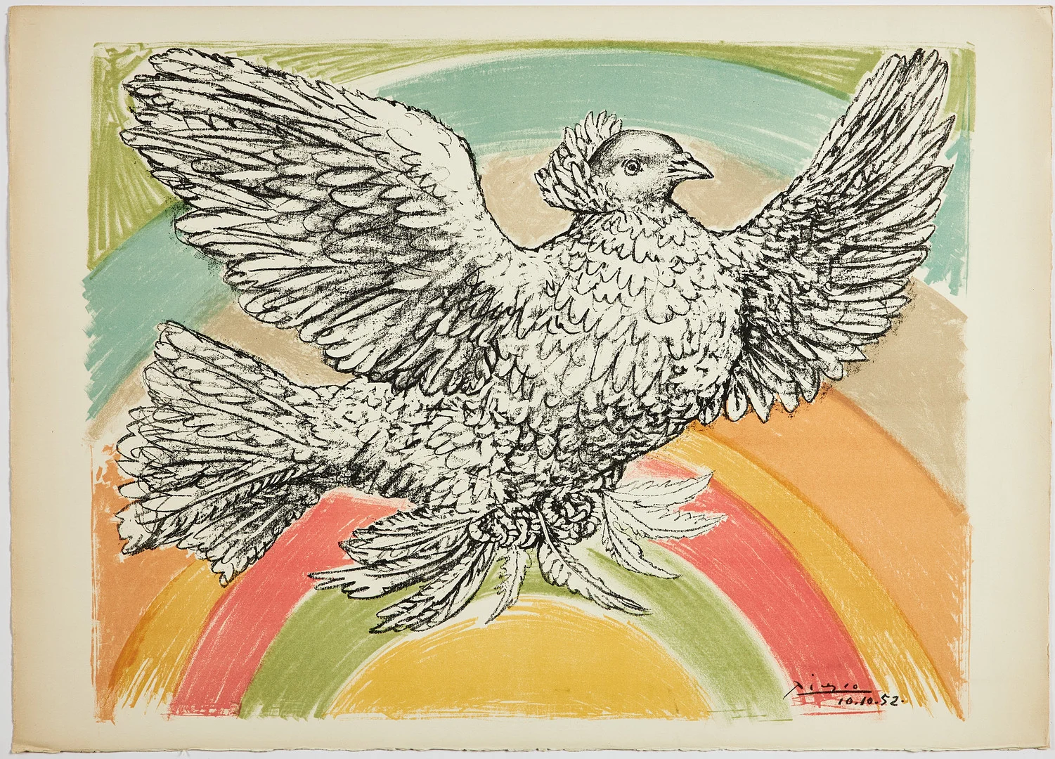 PABLO PICASSO. "Colombe volant - à l'Arc en ciel", färglitografi, signerad och daterad i trycket 10.10.52. — Engravings & Prints — Stockholms Auktionsverk Sickla