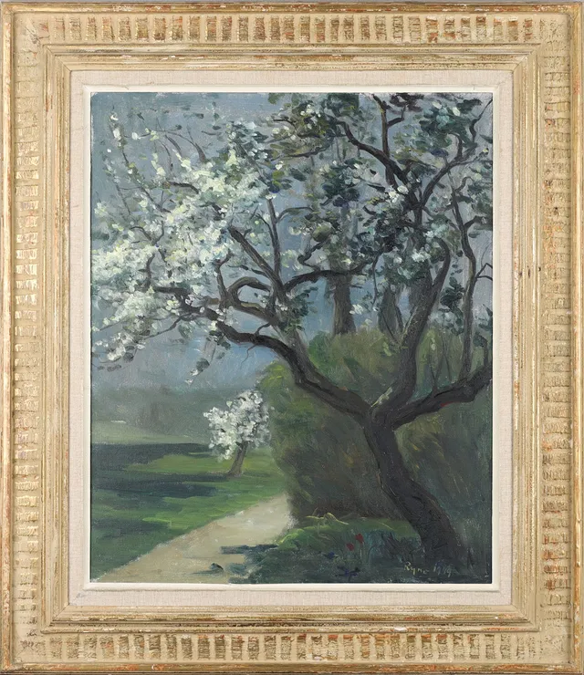 RYNO FRIEBERG. "Blommande äppelträd", olja på duk, signerad, daterad 1949.