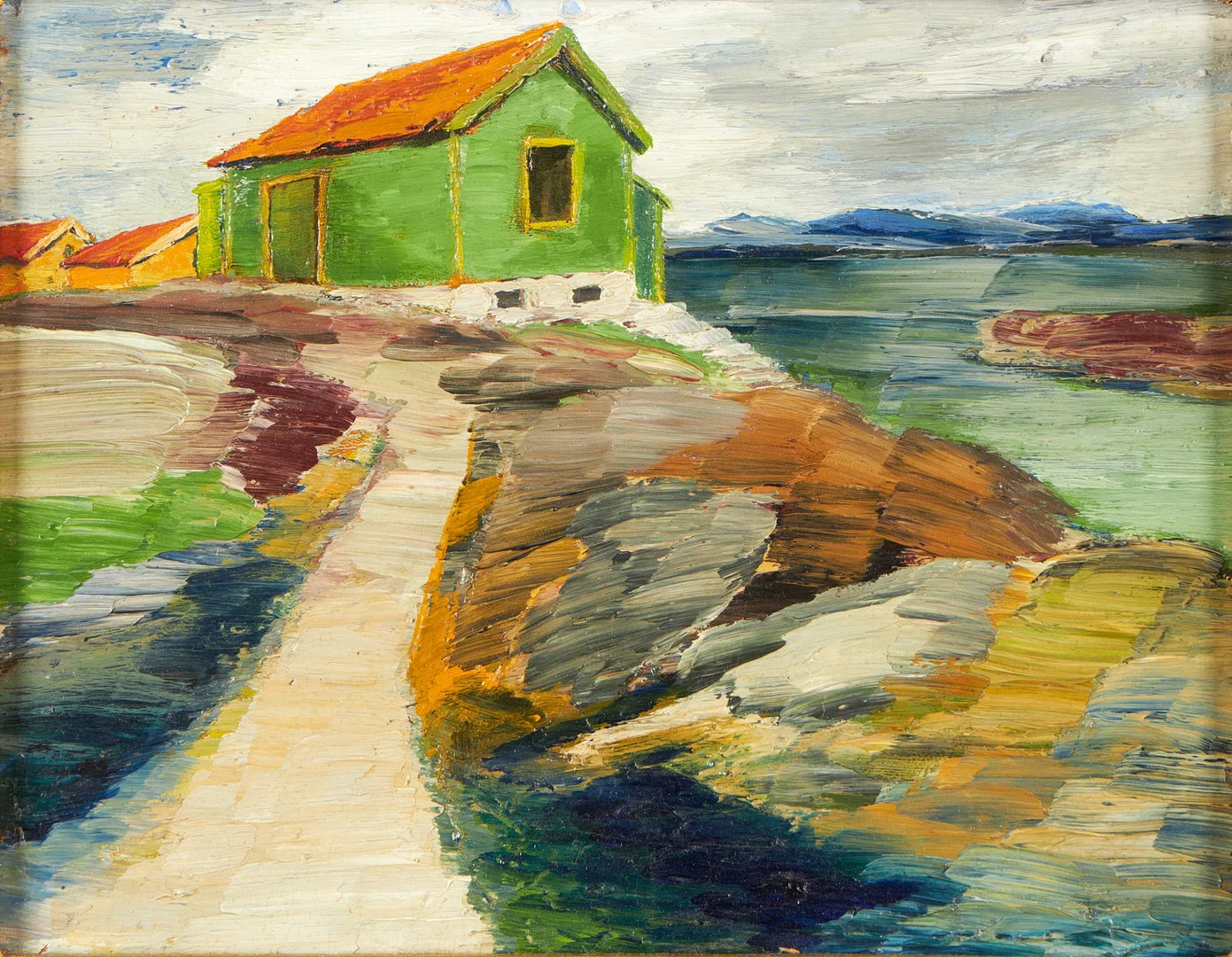 BEDA LÖBERG (Hjo, 1895-1974), Hus vid kusten, signerad och daterad a tergo Beda Löberg 1943, olja på pannå. — Paintings — Crafoord Auktioner Stockholm