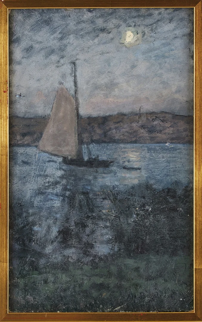 ALFRED BERGSTRÖM (1869-1930). Månskenslandskap med segelbåt, olja på duk, signerad Alf. Bergström, 1900 talets början. — Paintings — Stockholms Auktionsverk Magasin 5