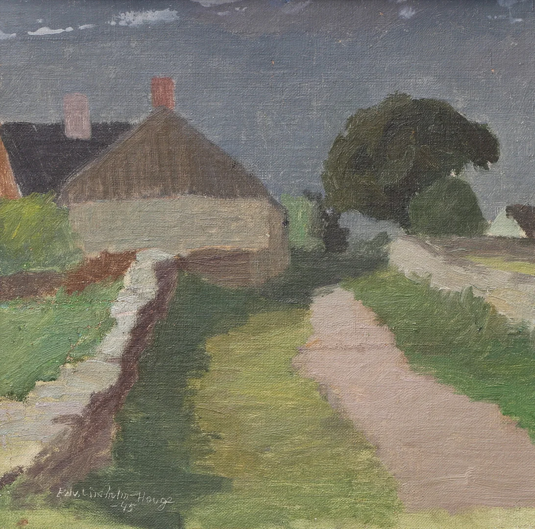 EDVIN LINDHOLM HOUGE. Landskap med hus och väg, olja på pannå, signerad, daterad -45. — Paintings — Växjö Auktionskammare