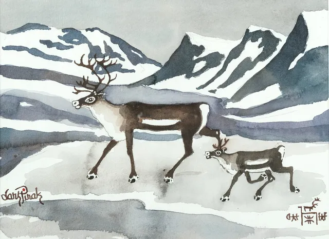 LARS PIRAK. Akvarell på papper, motiv av ren och kalv, signerad.