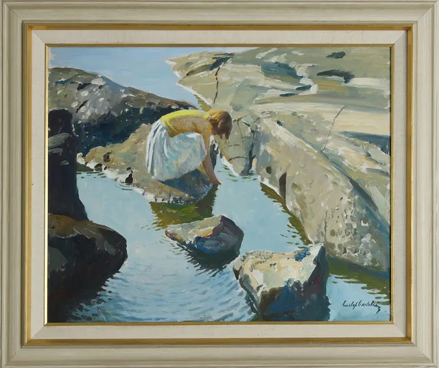 GUSTAF CARLSTRÖM. Flicka vid vatten, olja på duk.