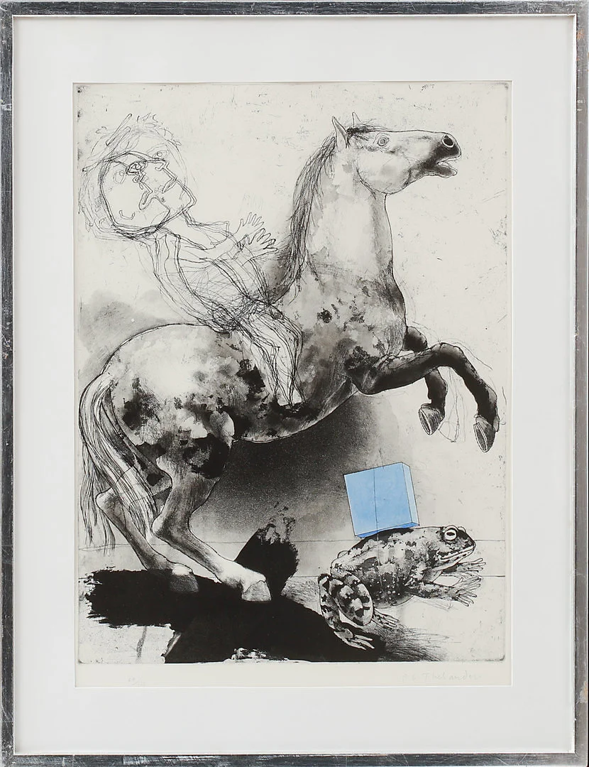 PÄR GUNNAR THELANDER. Ryttare och groda. Färgetsning, signerad och numrerad 69/110. — Engravings & Prints — Göteborgs Auktionsverk