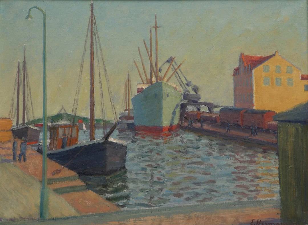 ERIC HERMANSSON. Olja på duk, hamnmotiv, signerad. — Paintings — Ekenbergs Auktioner