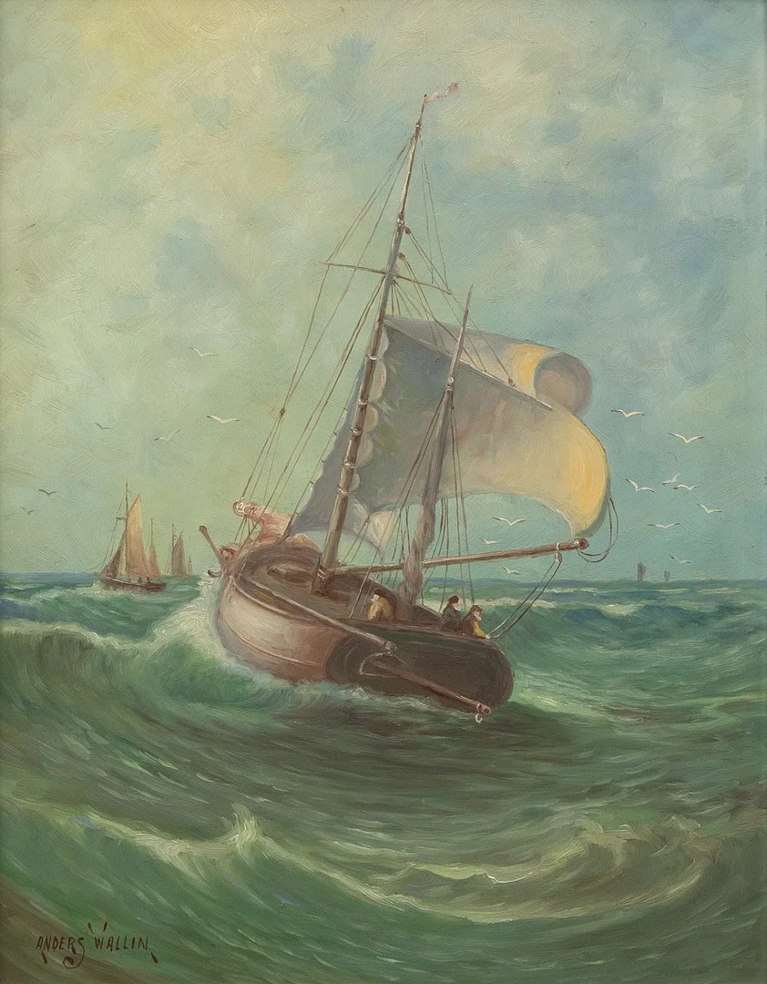 ANDERS WALLIN. Segelfartyg, olja på pannå, signerad. — Paintings — Garpenhus Auktioner