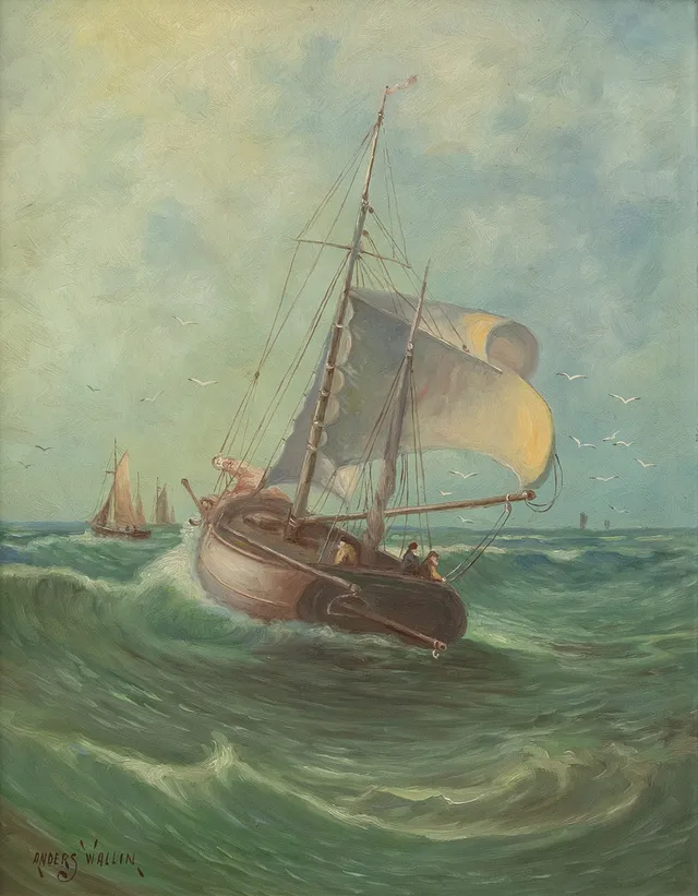 ANDERS WALLIN. Segelfartyg, olja på pannå, signerad.