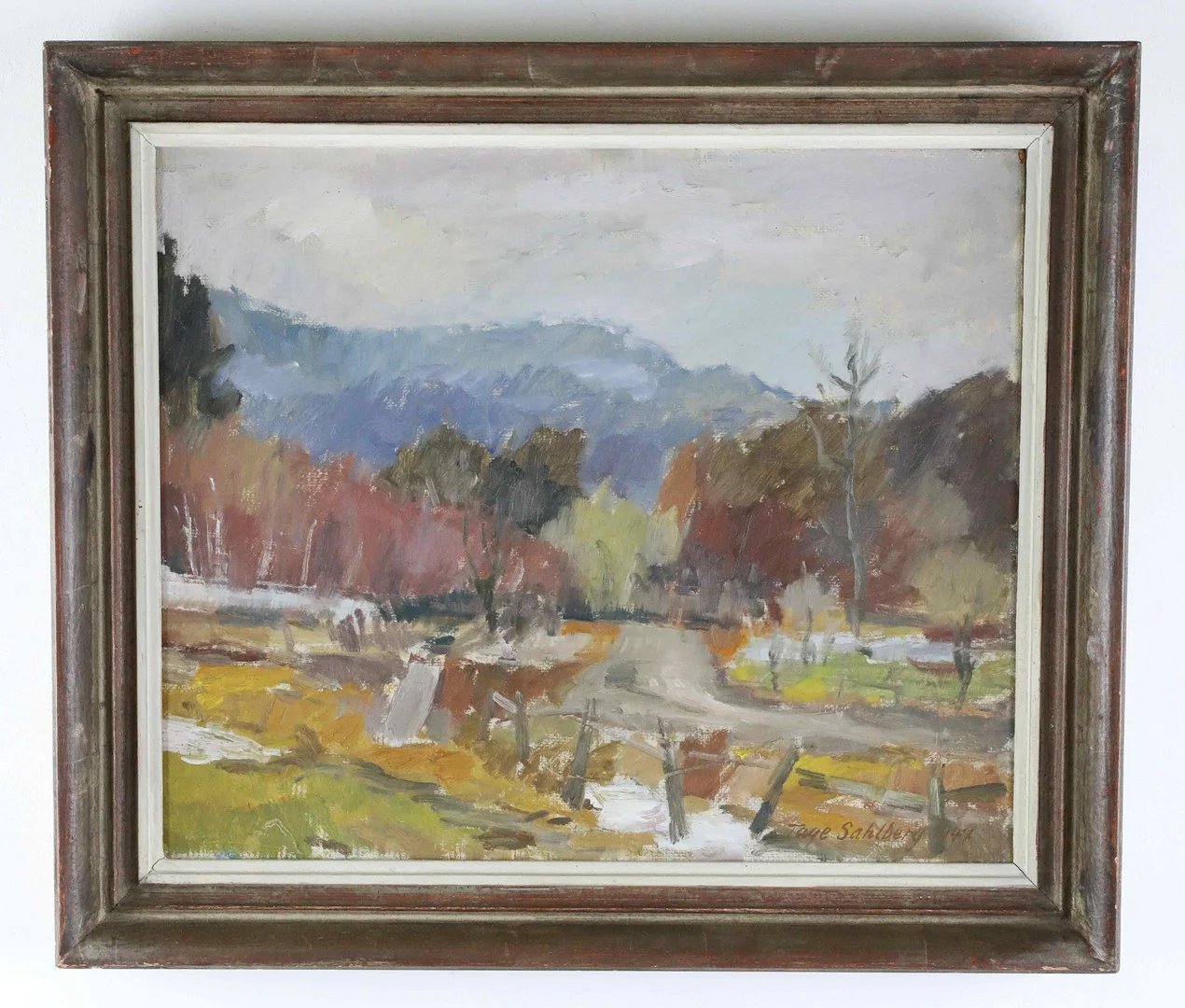 TAGE SAHLBERG. olja på pannå, landskap, signerad, daterad 1947. — Paintings — Hälsinglands Auktionsverk