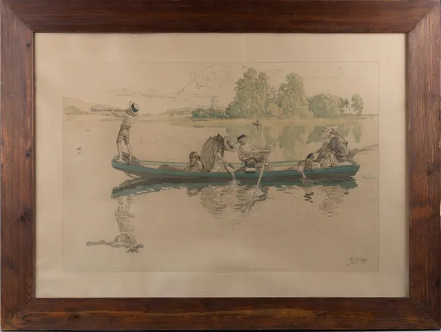 CARL LARSSON. "Vikingatåg i Dalom", tryckt signatur 1900, utgiven av A Börtzells Stockholm 1904, litograferad av Rudolf Widing, samtida ram i ek.