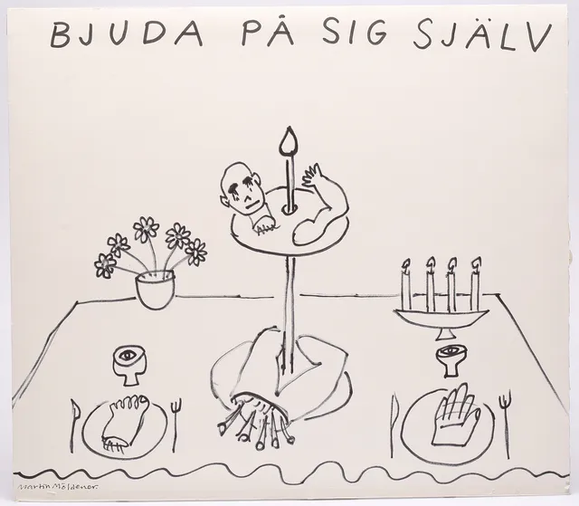 MARTIN MÖLDENER. "Bjuda på sig själv", tusch på passepartout, signerad.