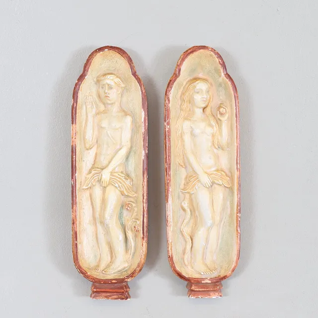 ERLING VALLDEBY. vägggreliefer, 2 st, gips, signerad Eve samt daterad -38.