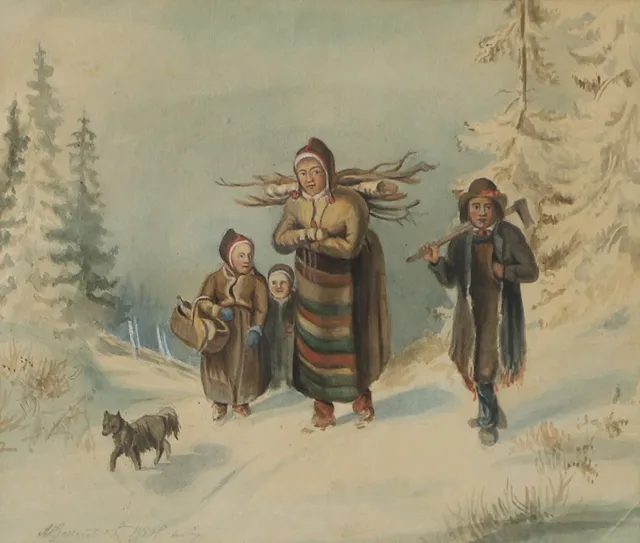 ALBERT THEODOR GELLERSTEDT. Figurer i vinterlandskap, akvarell, signerad.