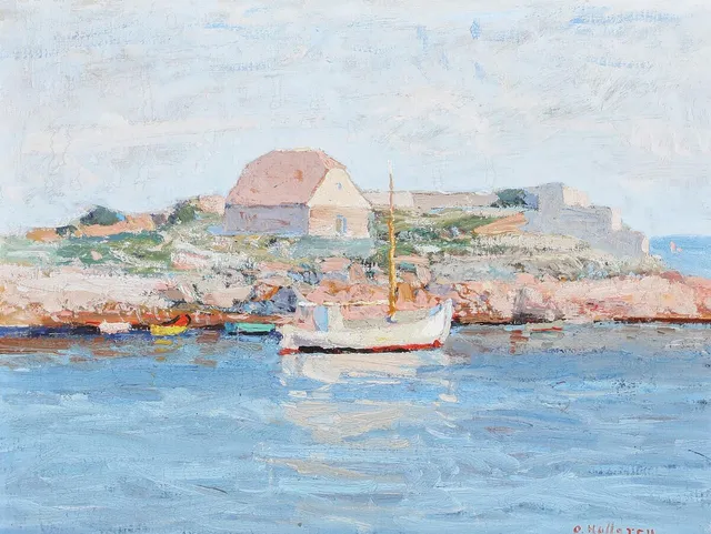 Oscar Hullgren: “Sommermorgen, Christiansø”. Signed O. Hullgren. Oil on cardboard. 41×52 cm.