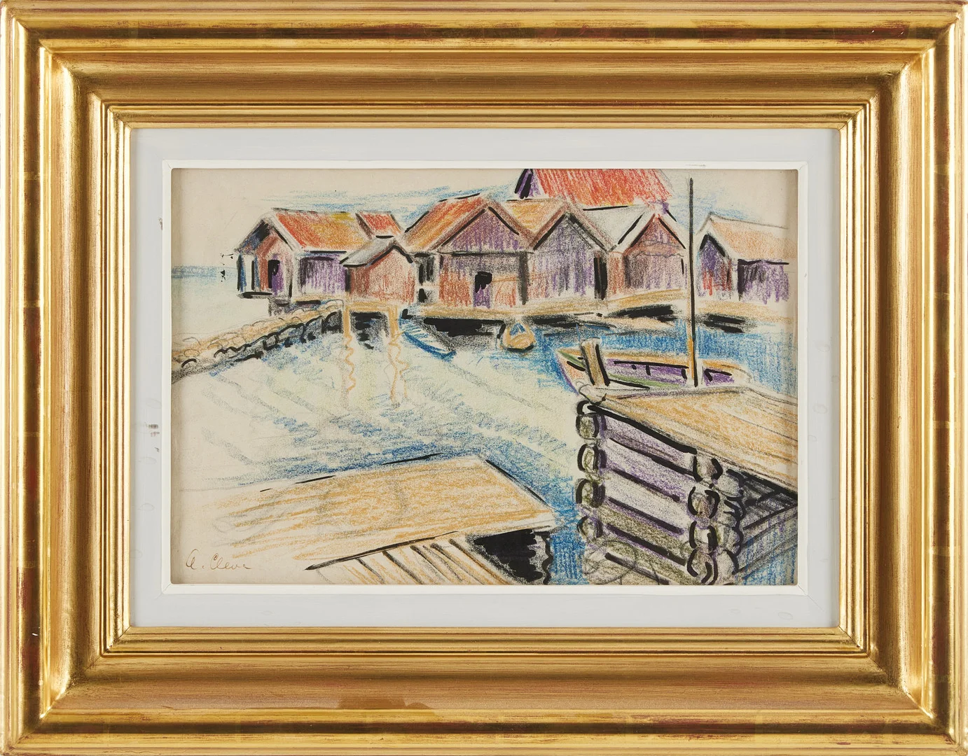 AGNES CLEVE. "Båtar och sjöbodar", blandteknik på papper, signerad. — Paintings — Stockholms Auktionsverk Magasin 5