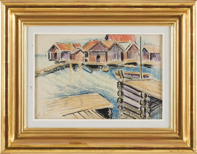 AGNES CLEVE. "Båtar och sjöbodar", blandteknik på papper, signerad.