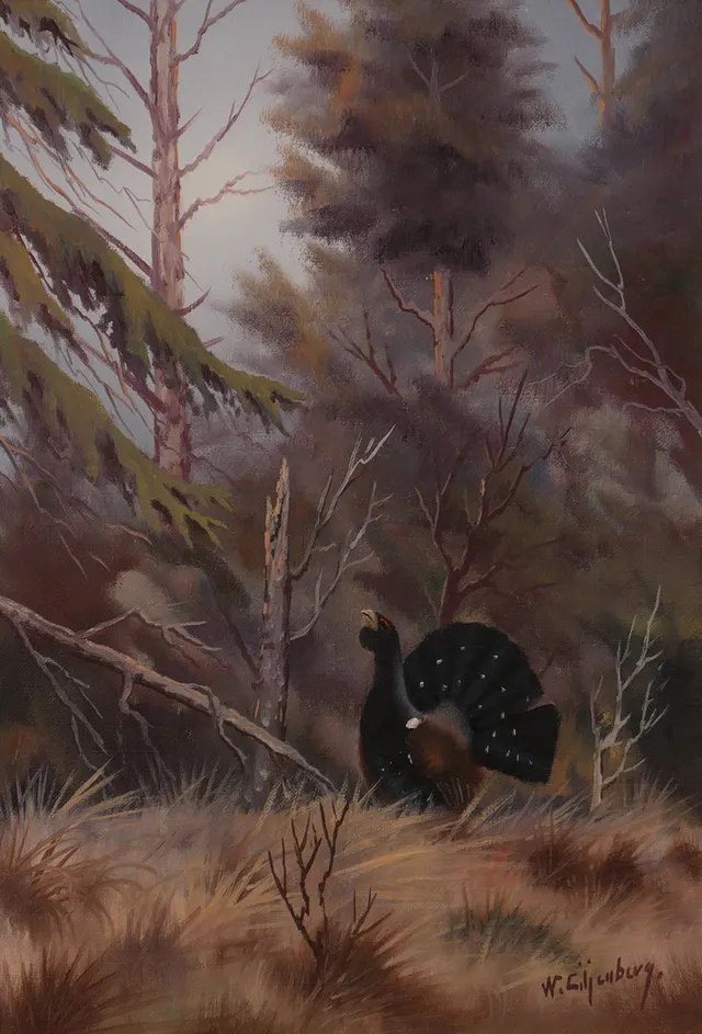 WALTER LILJENBERG. Skogslandskap med tjädertupp, olja på duk, signerad W. Liljenberg.