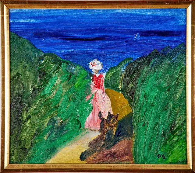 OLLE LINDGREN. Flicka med hund vid havskust, oljemålning.
