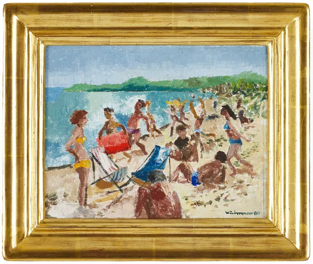 HARRY WICHMANN (1916–1993). Sommardag på stranden, signerad samt daterad 80, olja på duk, uppfodrad på pannå.