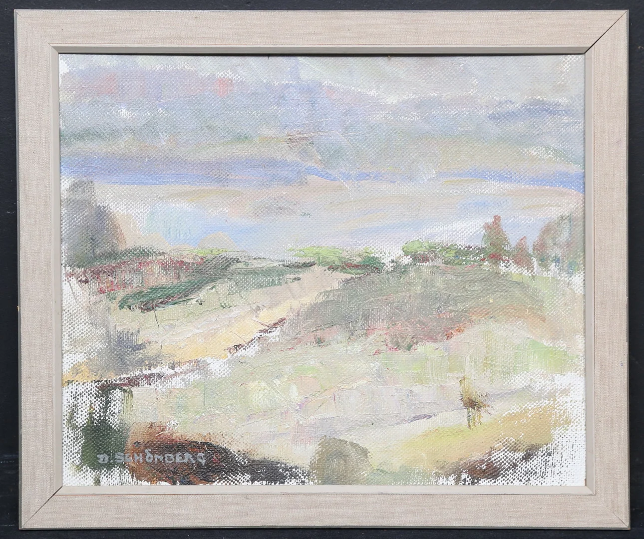 DAGNY SCHÖNBERG. "Från Roxens strand". Olja på pannå, signerad. — Paintings — Gomér & Andersson Linköping