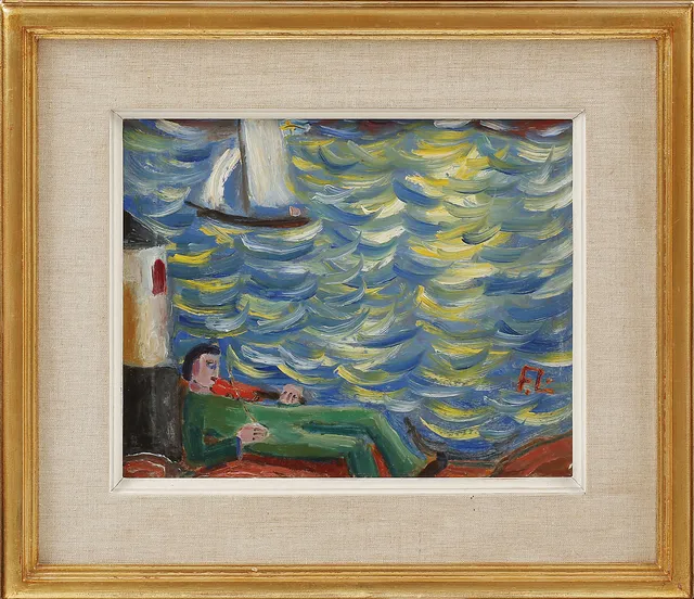 FRANS LARSSON. Figurscen, olja på pannå, sign.
