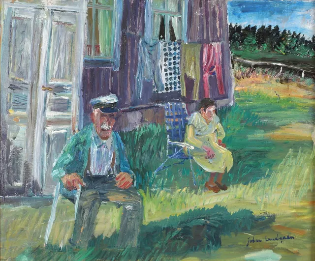 JOHAN LUNDGREN. Oskar och Tekla utanför huset, olja på pannå, signerad.