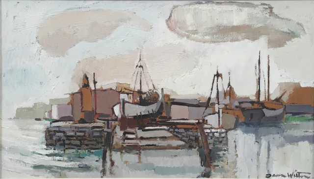 JEAN WILTON. Båtar i hamn, olja på pannå, signerad.