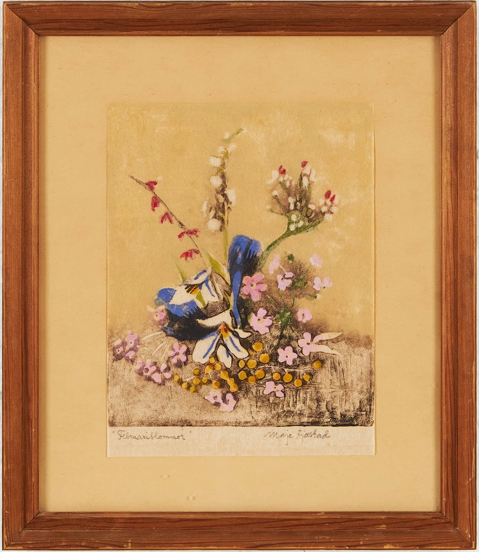 MAJA FJAESTAD. "Februariblommor", träsnitt, kolorerat, signerad. — Engravings & Prints — Stockholms Auktionsverk Magasin 5