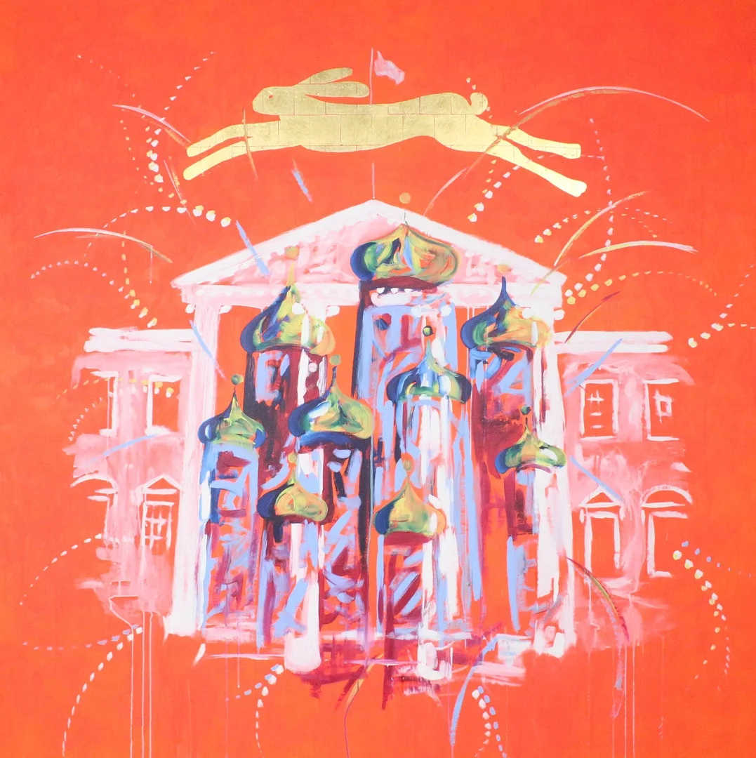 BERND VAN DE LEEK. 'Friedenshase überspringt den Kreml und das Weiße Haus', Acryl und 22K Blattgold auf Leinwand, 200 x 200 cm, signiert. — Paintings — Stockholms Auktionsverk Düsseldorf/Neuss