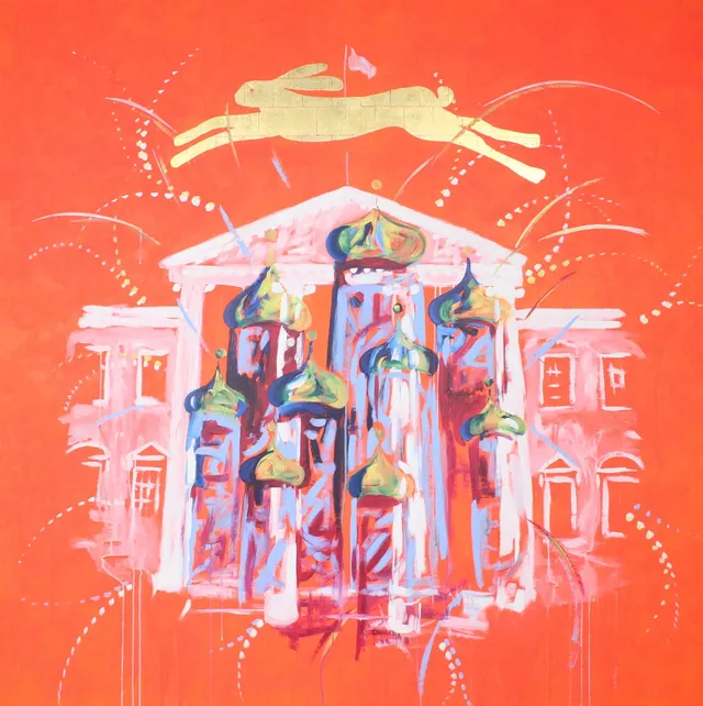 BERND VAN DE LEEK. 'Friedenshase überspringt den Kreml und das Weiße Haus', Acryl und 22K Blattgold auf Leinwand, 200 x 200 cm, signiert.