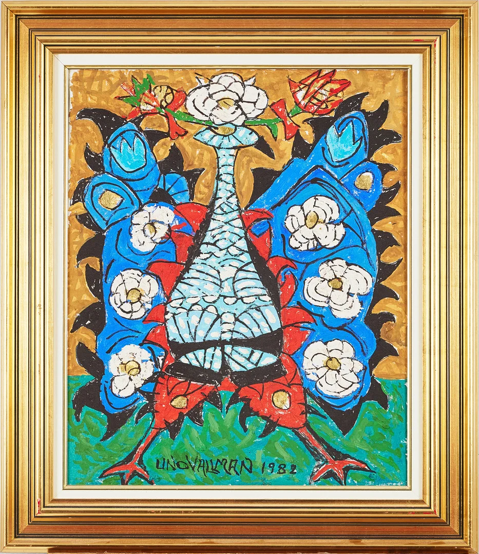 UNO VALLMAN. Fågel, akryl på duk, signerad Uno Vallman 1982. — Paintings — Stockholms Auktionsverk Magasin 5
