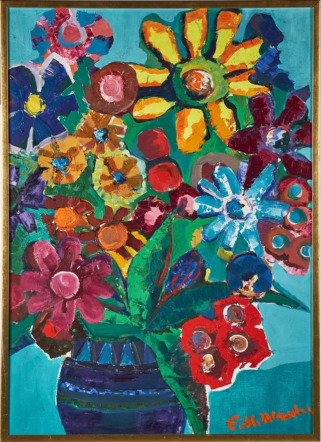 HELMUT MANTEL. stilleben med blommor i vas, olja på duk, signerad.
