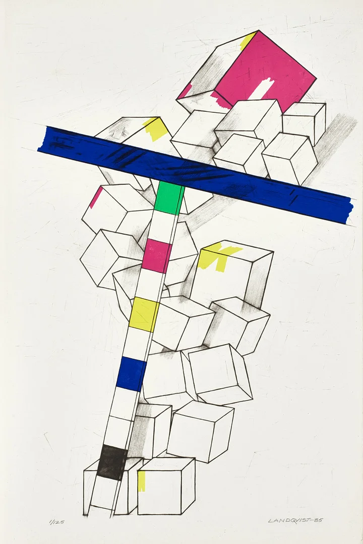 LENNART LANDQVIST. Geometrisk komposition, signerad och daterad Landqvist -85, numrerad 1/125, färglitografi. — Engravings & Prints — Crafoord Auktioner Stockholm