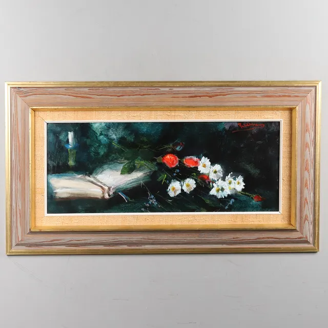 RUNE WAHLSTRÖM. OLJA PÅ PANNÅ, Stilleben med röda & vita blommor, signerad.