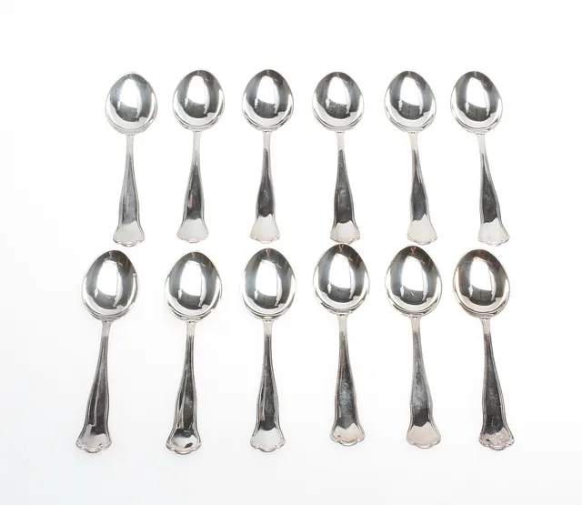 KAFFESKEDAR, tolv stycken, GAB, "Symfoni", Silver, vikt cirka 159 gram.