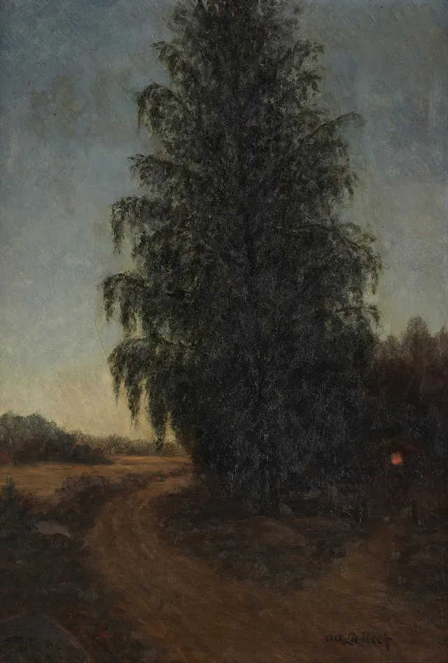 ALBERT LIEDBECK (1881-1955). Träd i skymning, signerad, olja på pannå.