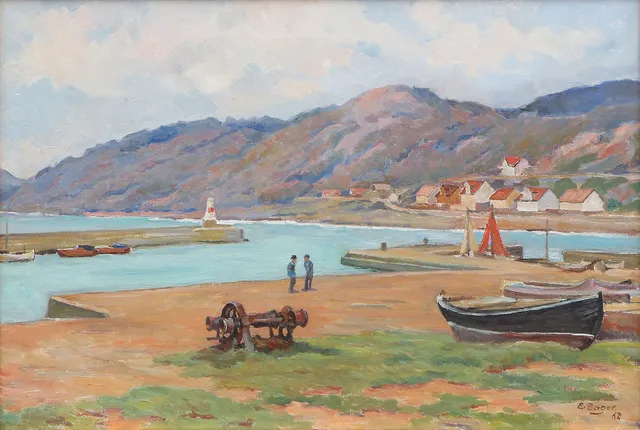 EINAR BAGER. Oljemålning på duk. Kustparti med hamn. Signerad.