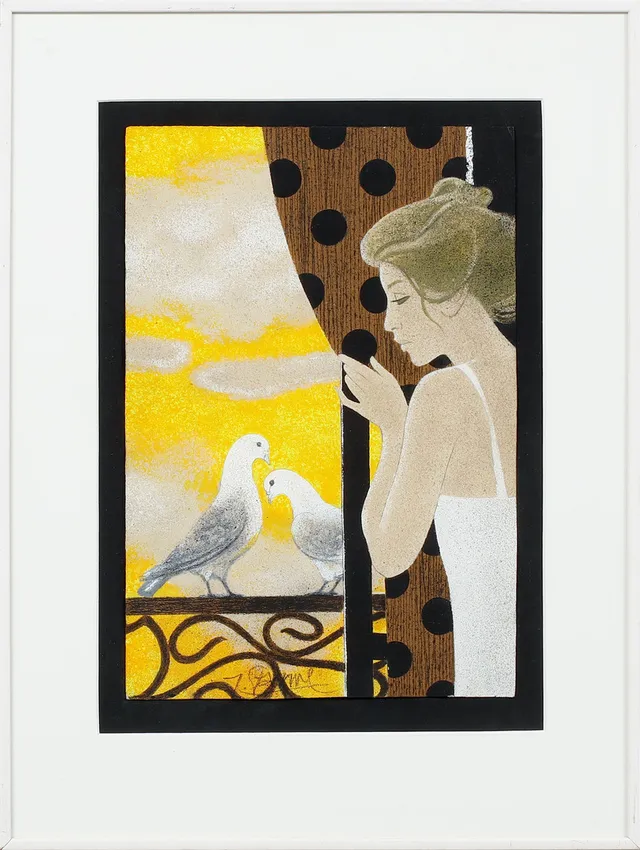 YVES GANNE. Figur och duvor, blandteknik, signerad.
